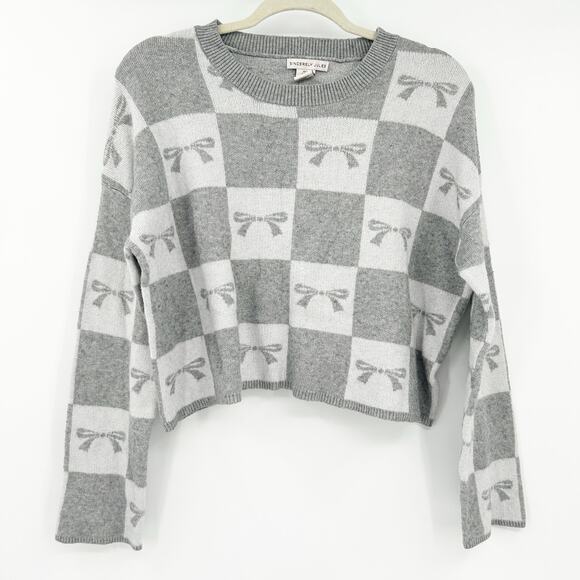 Sincerely Jules Womens Fall Bow Checkered Crewneck Knit Sweater Size L Gray - Picture 3 of 8